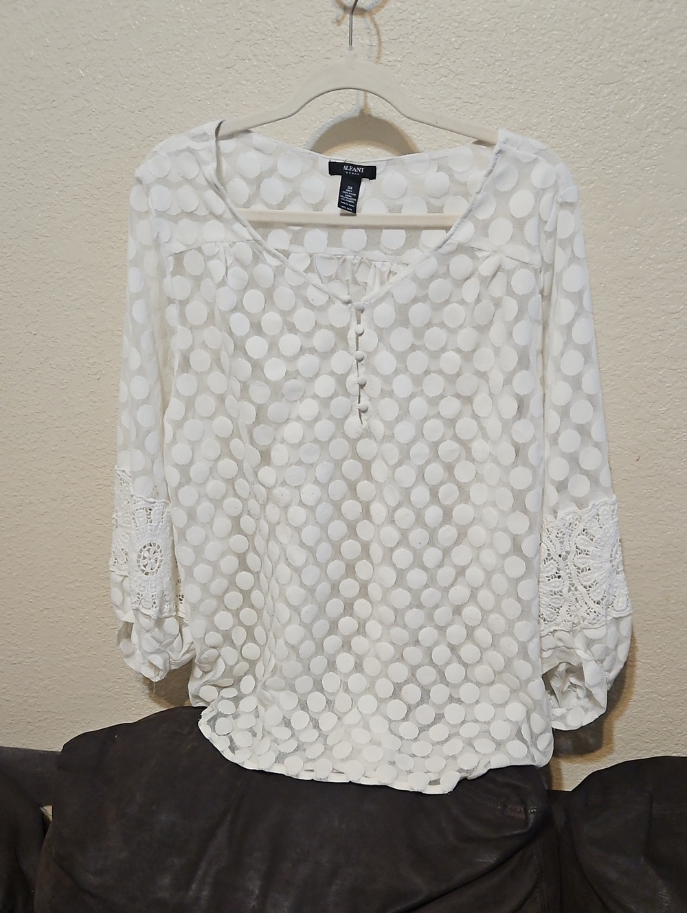 Alfani White Polka-Dot Crochet Sleeve Peasant Blouse